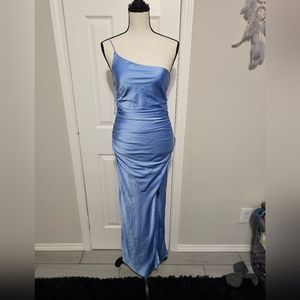 Line and dot baby blue silk dress